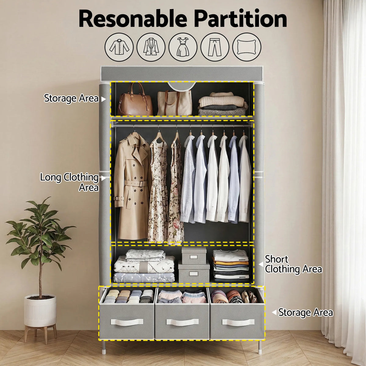 Artiss Large Portable Clothes Closet Wardrobe with Tiebacks Grey - Image 5