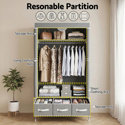 Artiss Large Portable Clothes Closet Wardrobe with Tiebacks Grey - Image 5