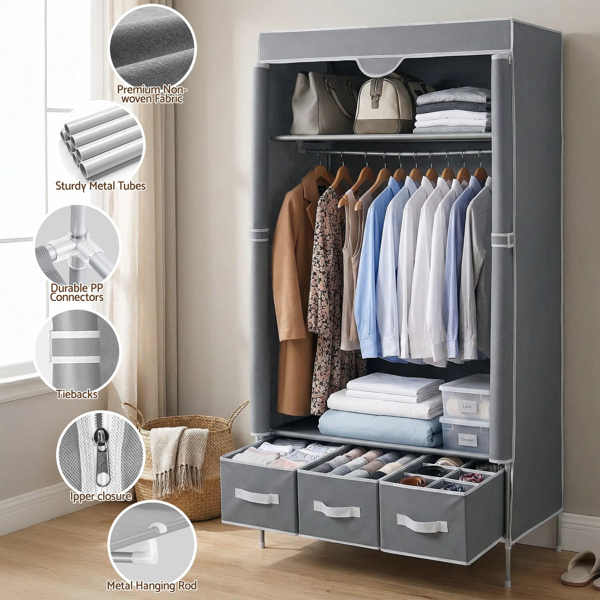 Artiss Large Portable Clothes Closet Wardrobe with Tiebacks Grey - Image 8