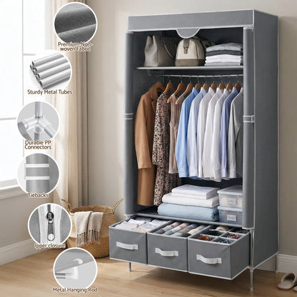 Artiss Large Portable Clothes Closet Wardrobe with Tiebacks Grey - Image 8