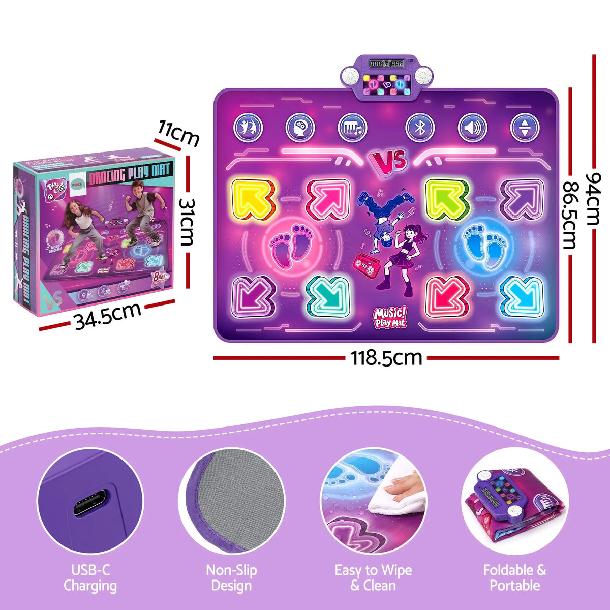 Keezi Double Player Dance Mat for Kid Rechargeable Electronic Dance Game Pad with Bluetooth, 4 Modes - Image 3