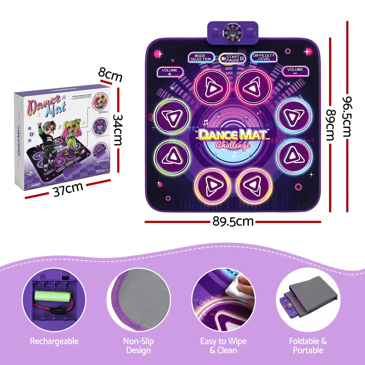 Keezi Dance Mat Toy for Kids Age 3-12 Electronic Dance Pad with Bluetooth 4 Game Modes Purple - Image 3