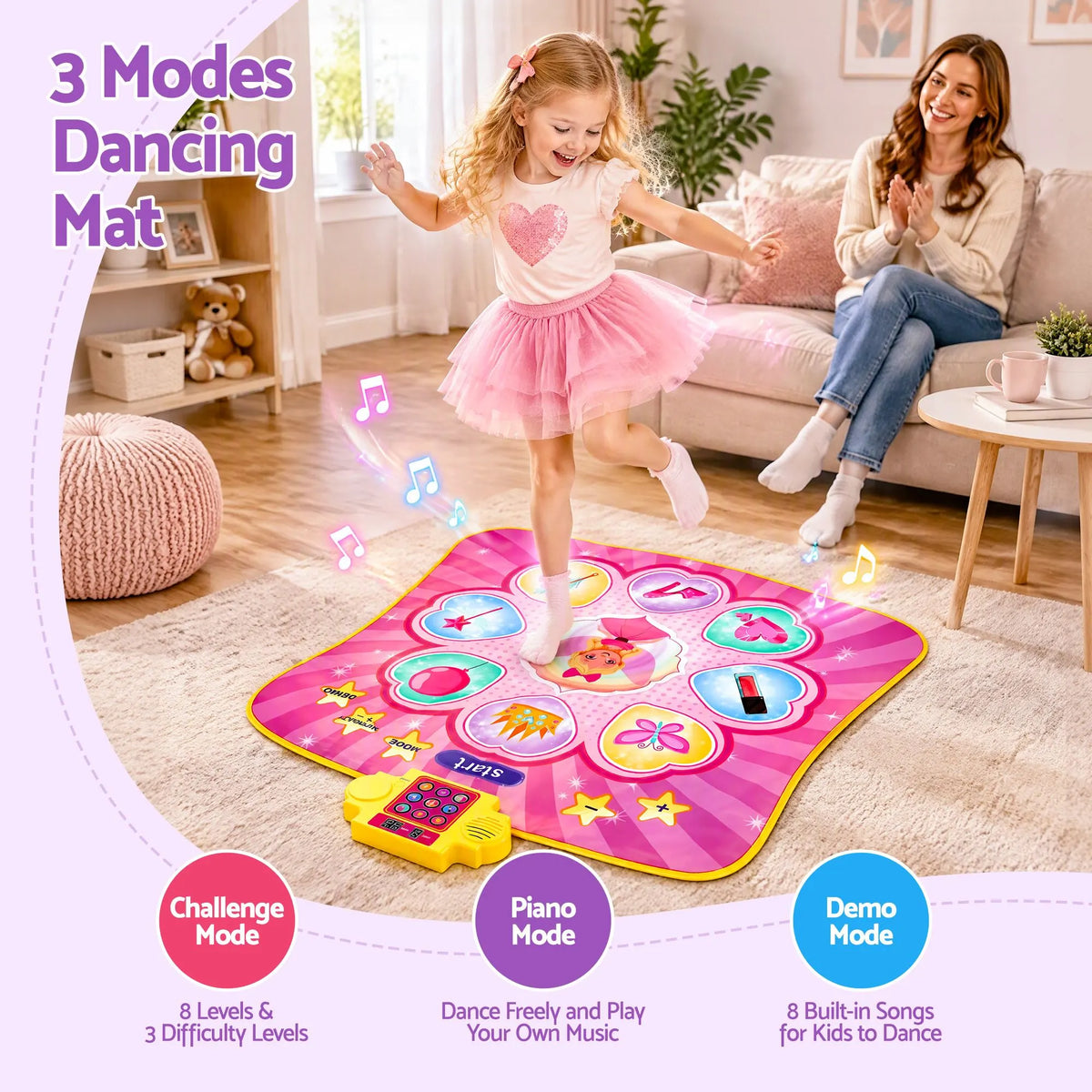 Keezi Dance Mat for Kids Age 3-12 Electronic Dance Game Pad Toy with 3 Game Modes, Pink - Image 6