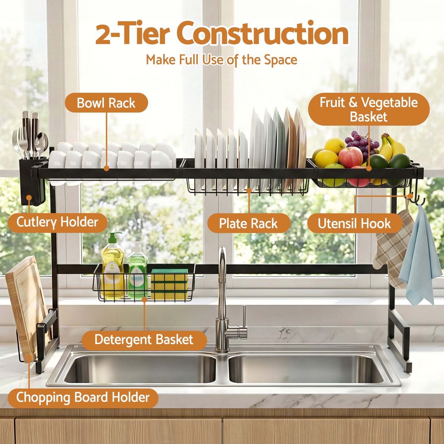 Cefito Dish Drying Rack for Kitchen Storage Organisation Kitchen Sink Organiser Dish Drainer - Image 4