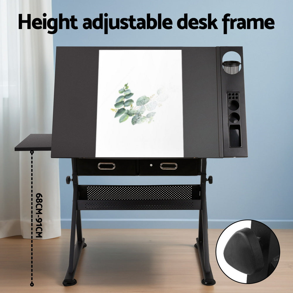 Artiss Drawing Desk Stool Set Drafting Table Adjustable Angle Tilt Drawers Black - Image 4
