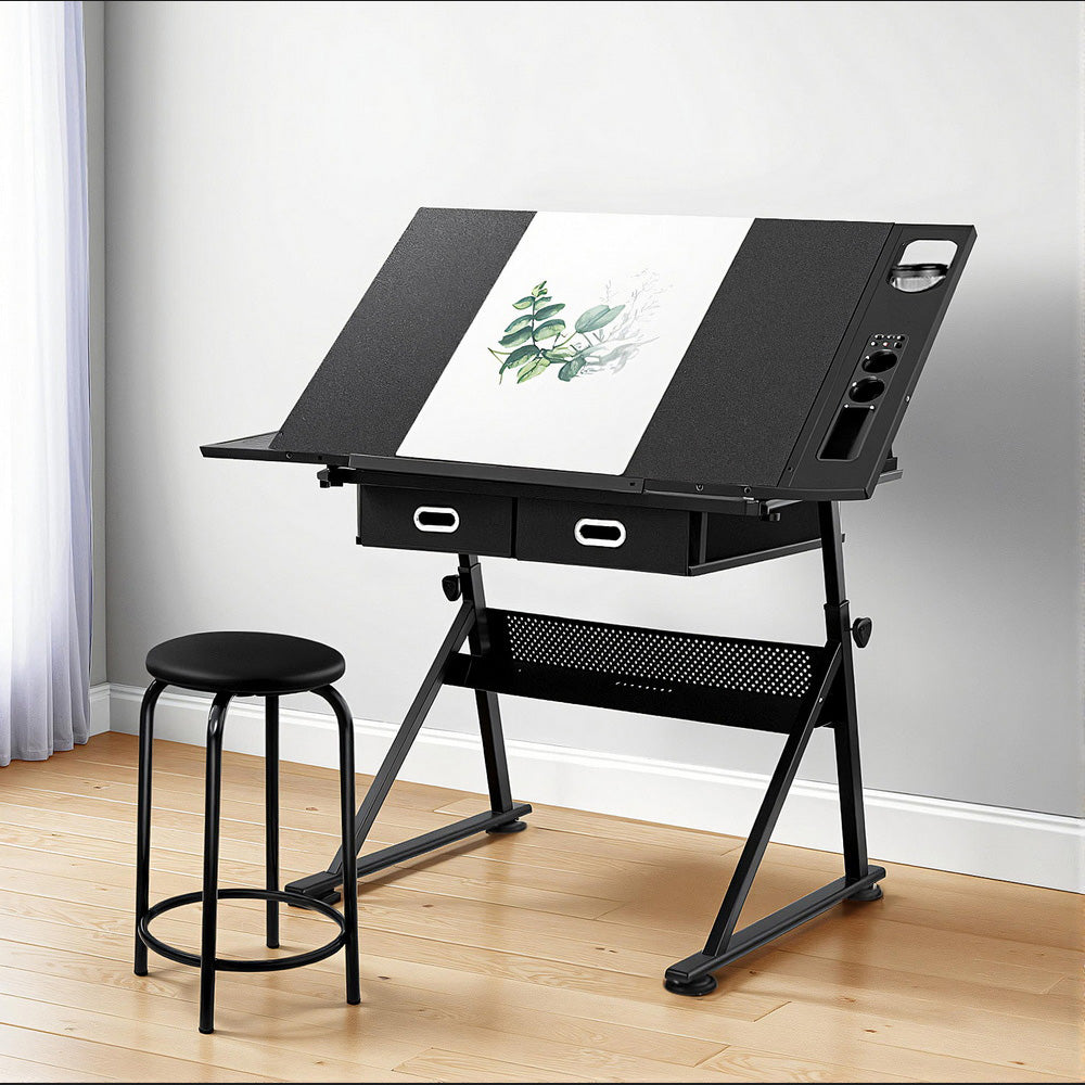 Artiss Drawing Desk Stool Set Drafting Table Adjustable Angle Tilt Drawers Black - Image 7