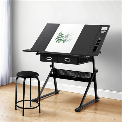 Artiss Drawing Desk Stool Set Drafting Table Adjustable Angle Tilt Drawers Black - Image 7