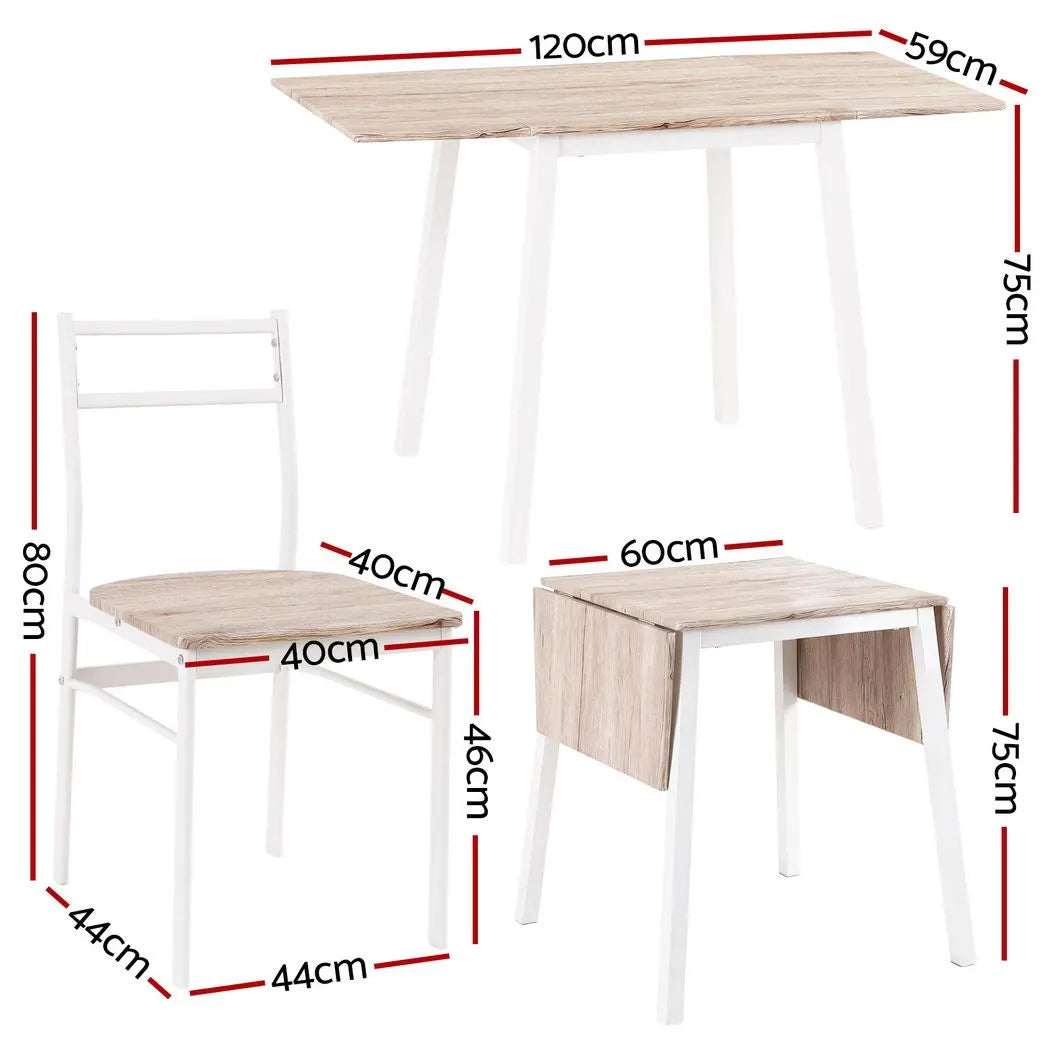 Artiss Dining Table and Chairs Set 5pcs with Extendable 60-120cm Drop-Leaf Table Natural White - Image 2