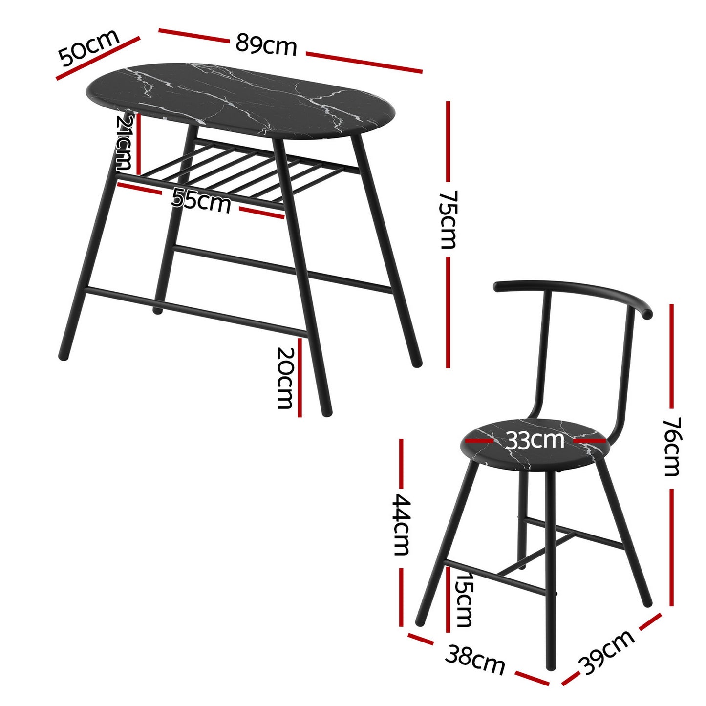 Artiss Dining Table Set 3PC Bistro Kitchen Storage Wine Rack Black Marble Style - Image 2