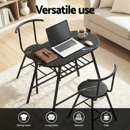 Artiss Dining Table Set 3PC Bistro Kitchen Storage Wine Rack Black Marble Style - Image 4