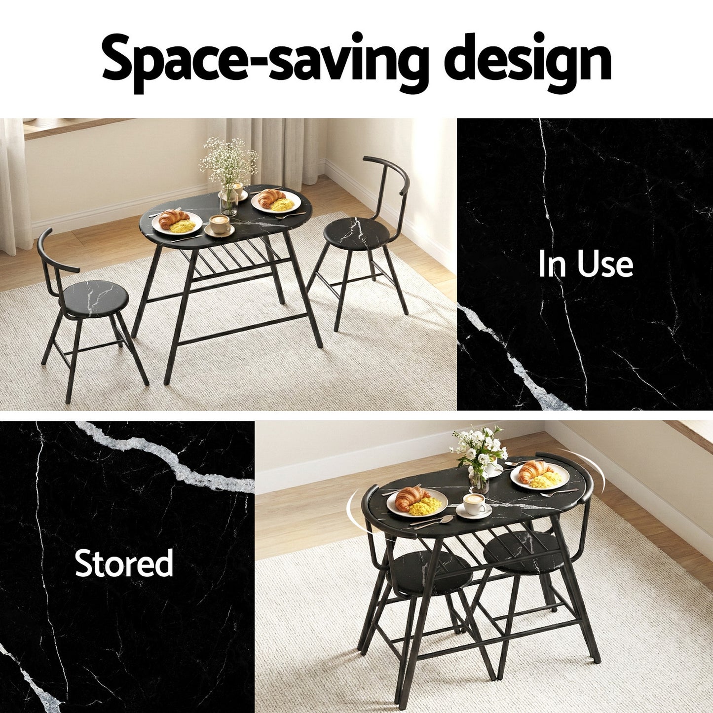 Artiss Dining Table Set 3PC Bistro Kitchen Storage Wine Rack Black Marble Style - Image 5