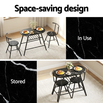 Artiss Dining Table Set 3PC Bistro Kitchen Storage Wine Rack Black Marble Style - Image 5