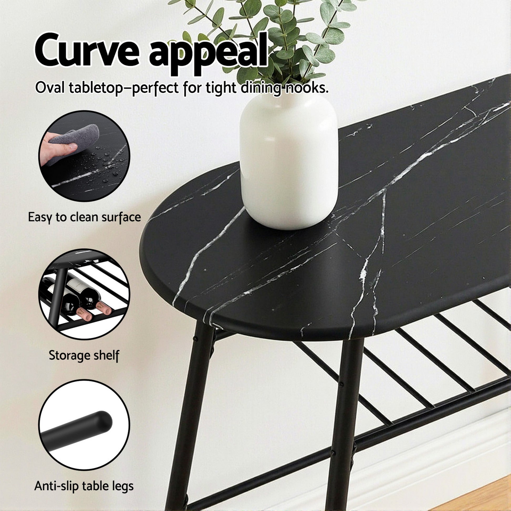 Artiss Dining Table Set 3PC Bistro Kitchen Storage Wine Rack Black Marble Style - Image 6