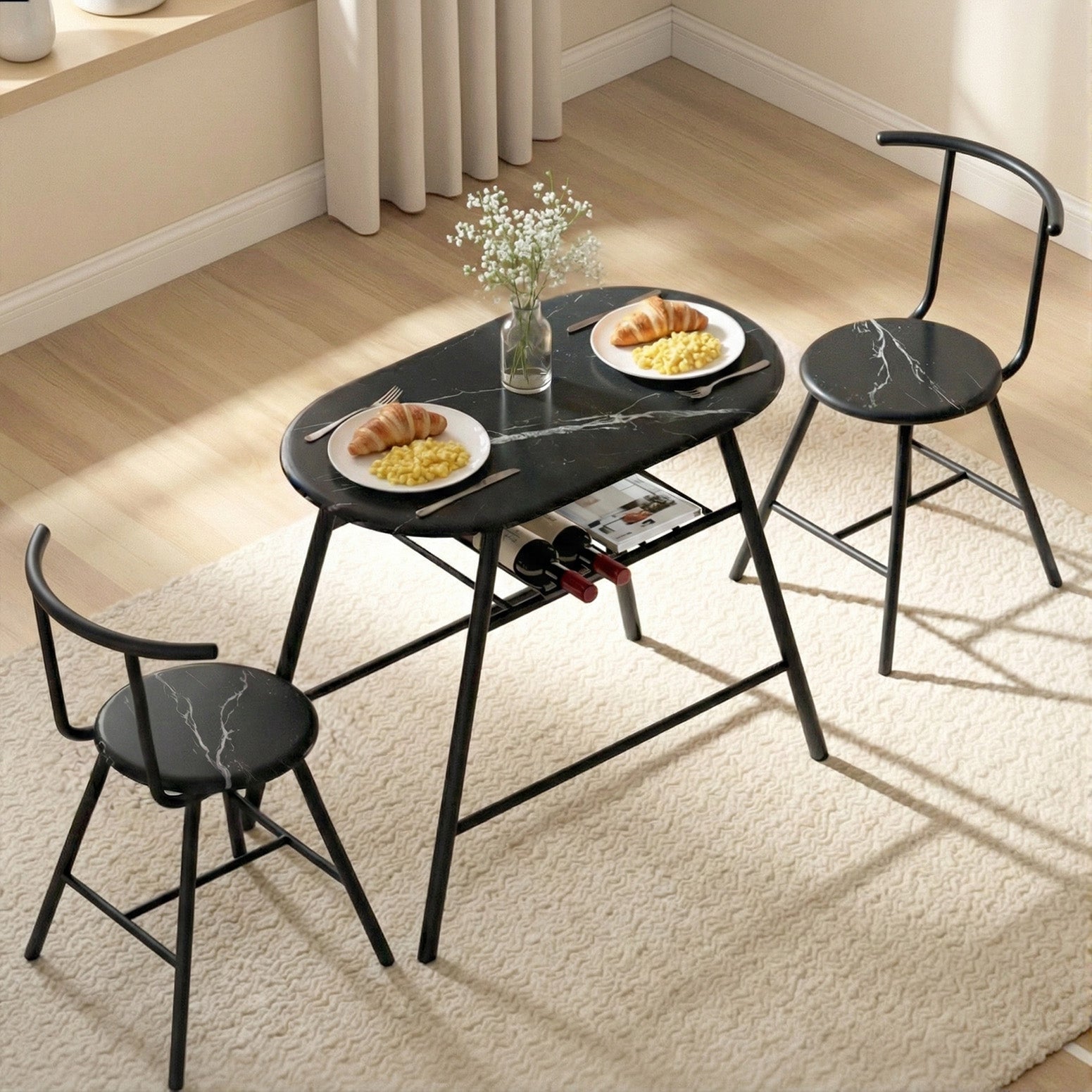 Artiss Dining Table Set 3PC Bistro Kitchen Storage Wine Rack Black Marble Style - Image 8