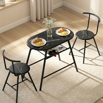 Artiss Dining Table Set 3PC Bistro Kitchen Storage Wine Rack Black Marble Style - Image 8