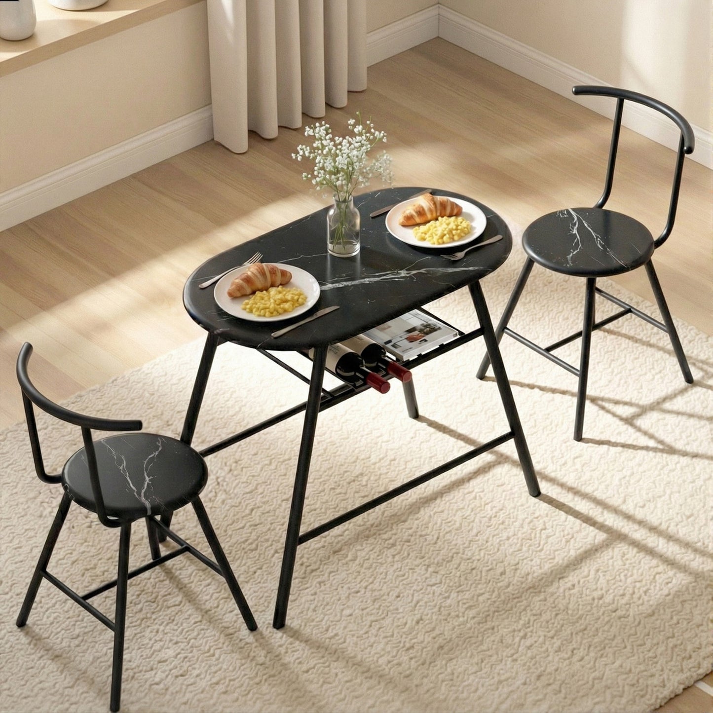 Artiss Dining Table Set 3PC Bistro Kitchen Storage Wine Rack Black Marble Style - Image 9