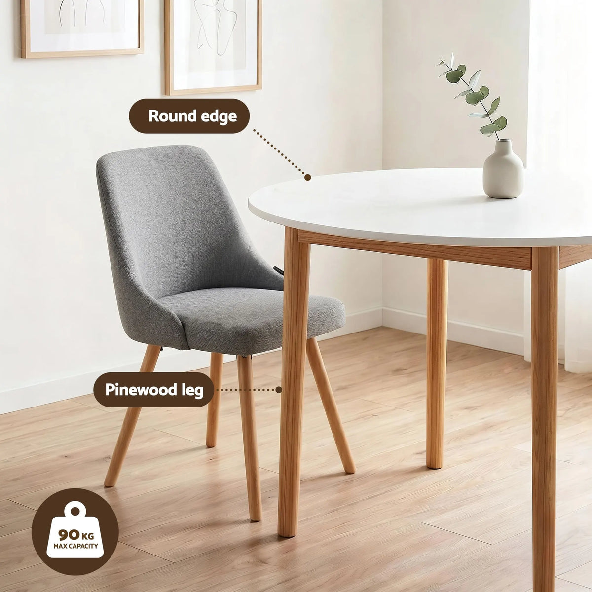 Artiss Round Dining Table and Chairs Set 5pcs Compact Kitchen Furniture White Natural Wood & Grey - Image 5