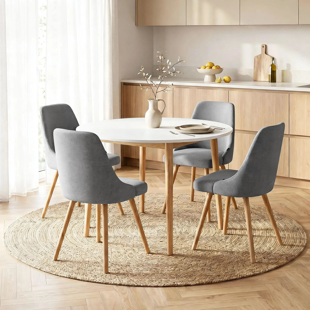 Artiss Round Dining Table and Chairs Set 5pcs Compact Kitchen Furniture White Natural Wood & Grey - Image 7