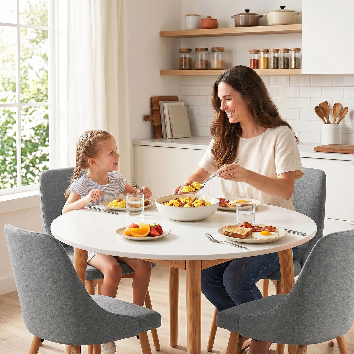 Artiss Round Dining Table and Chairs Set 5pcs Compact Kitchen Furniture White Natural Wood & Grey - Image 8