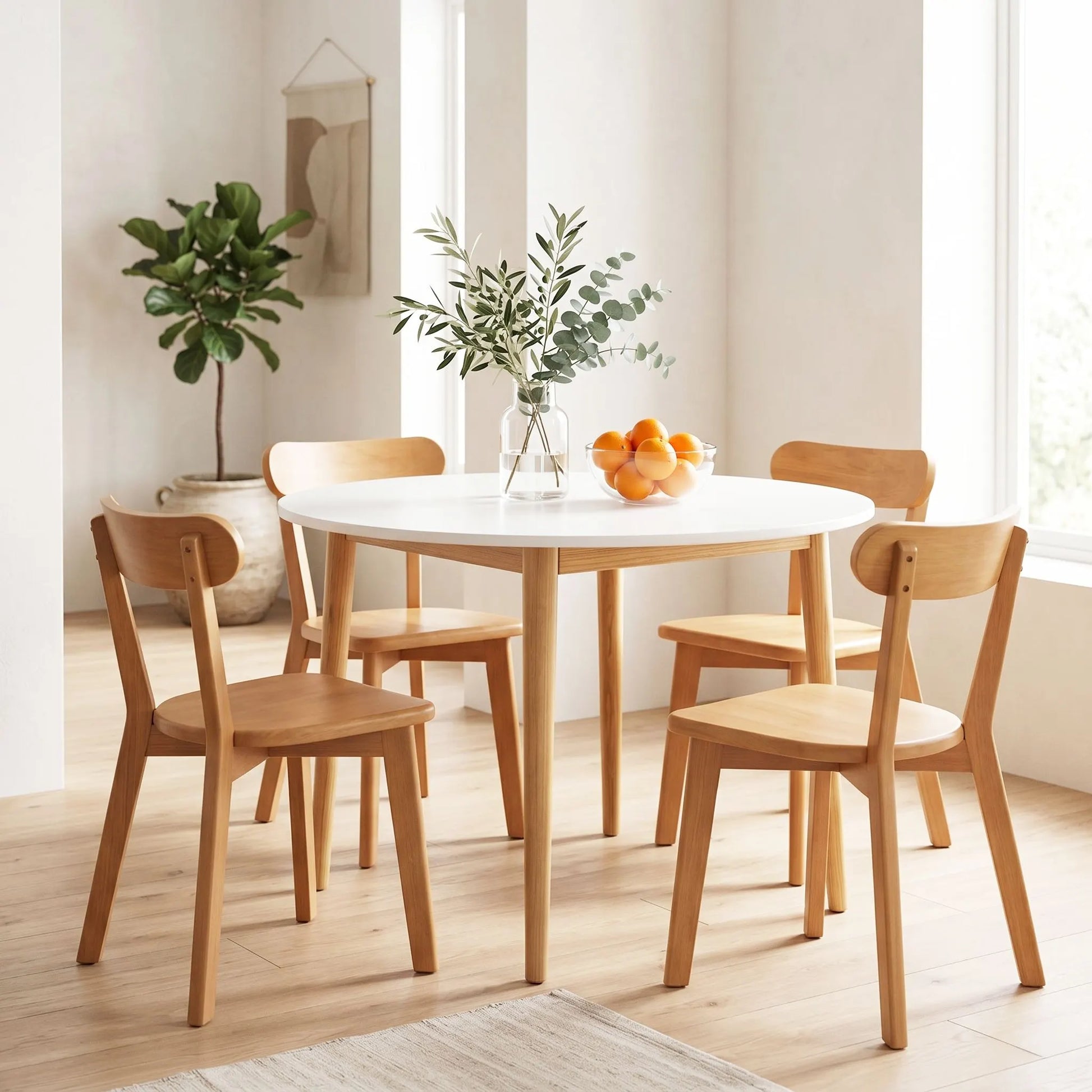 Artiss Round Dining Table and Chairs Set 5 PCS, 108cm Compact Kitchen Table Set with Solid Pine Wood Legs & 4 Ergonomic Rubber Wood Chairs,White Timber Dining Set for Small Space - Image 7