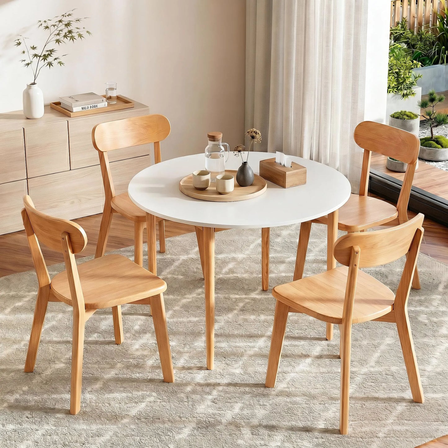 Artiss Round Dining Table and Chairs Set 5 PCS, 108cm Compact Kitchen Table Set with Solid Pine Wood Legs & 4 Ergonomic Rubber Wood Chairs,White Timber Dining Set for Small Space - Image 9