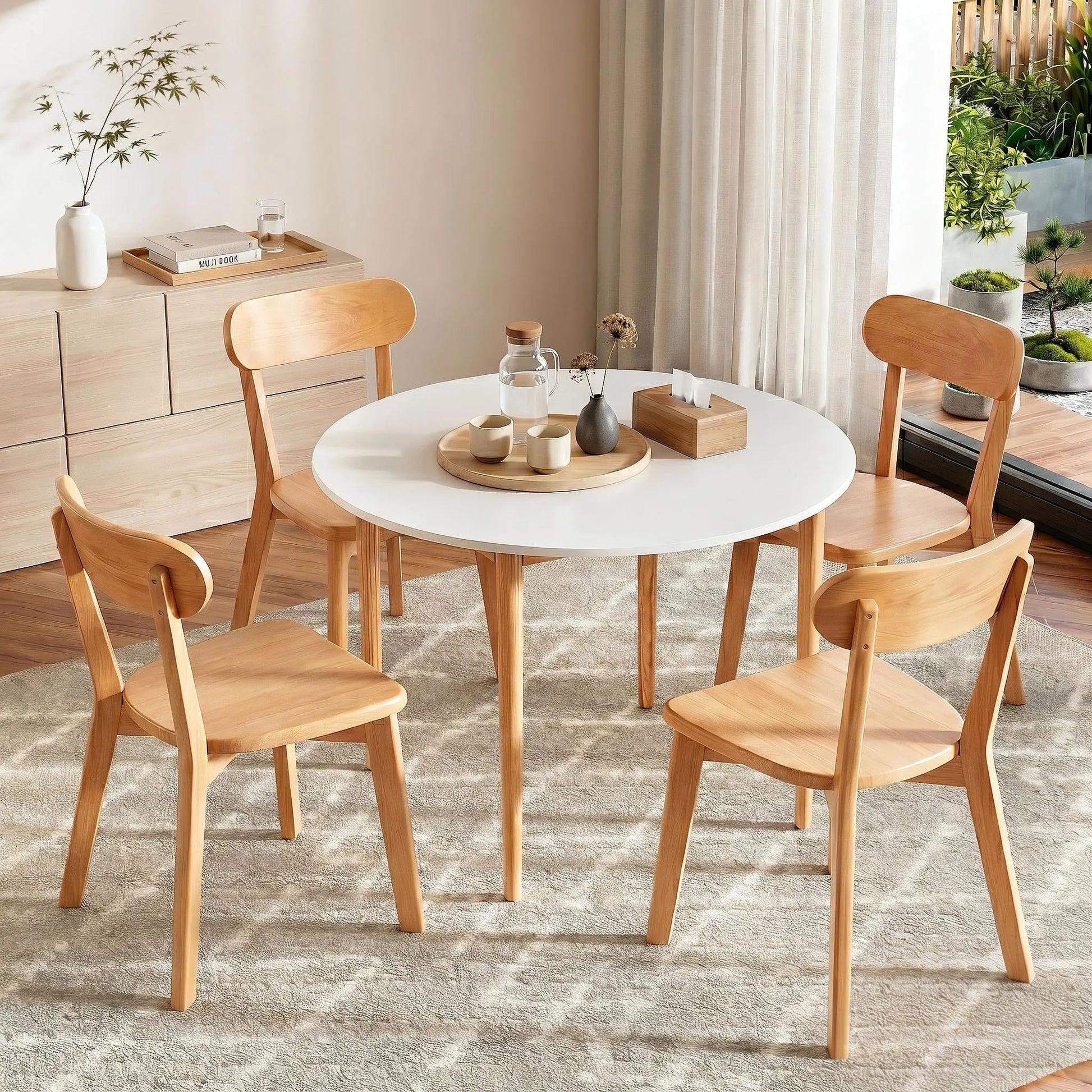 Artiss Round Dining Table and Chairs Set 5 PCS, 108cm Compact Kitchen Table Set with Solid Pine Wood Legs & 4 Ergonomic Rubber Wood Chairs,White Timber Dining Set for Small Space - Image 9