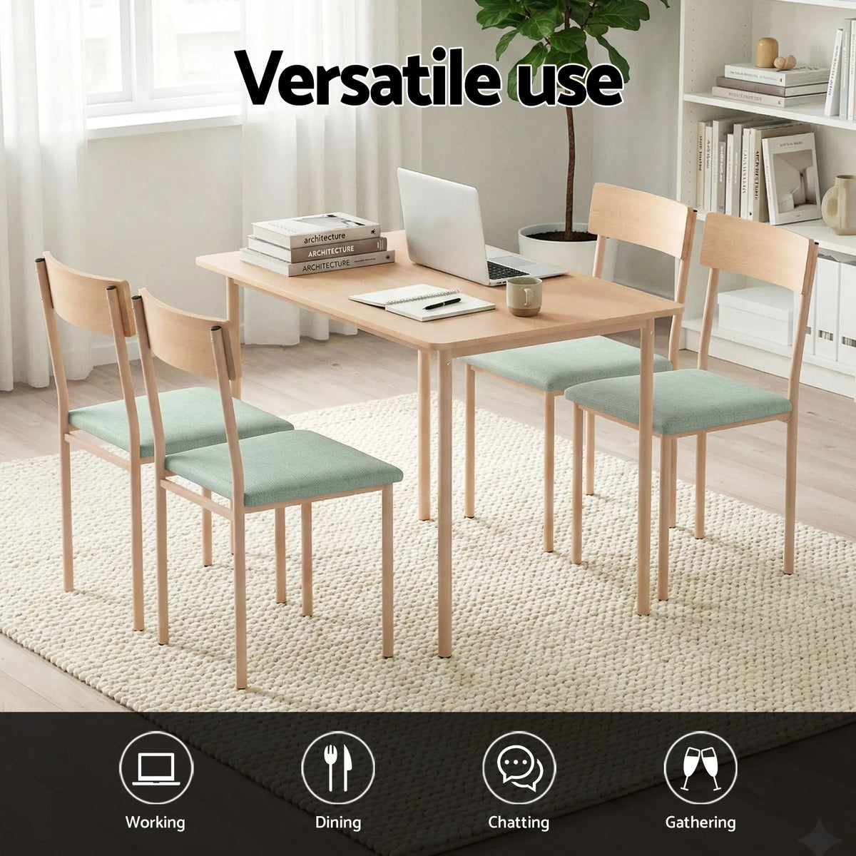 Artiss Dining Table and Chairs Set of 5 Compact Kitchen Furniture Natural Light Green - Image 5