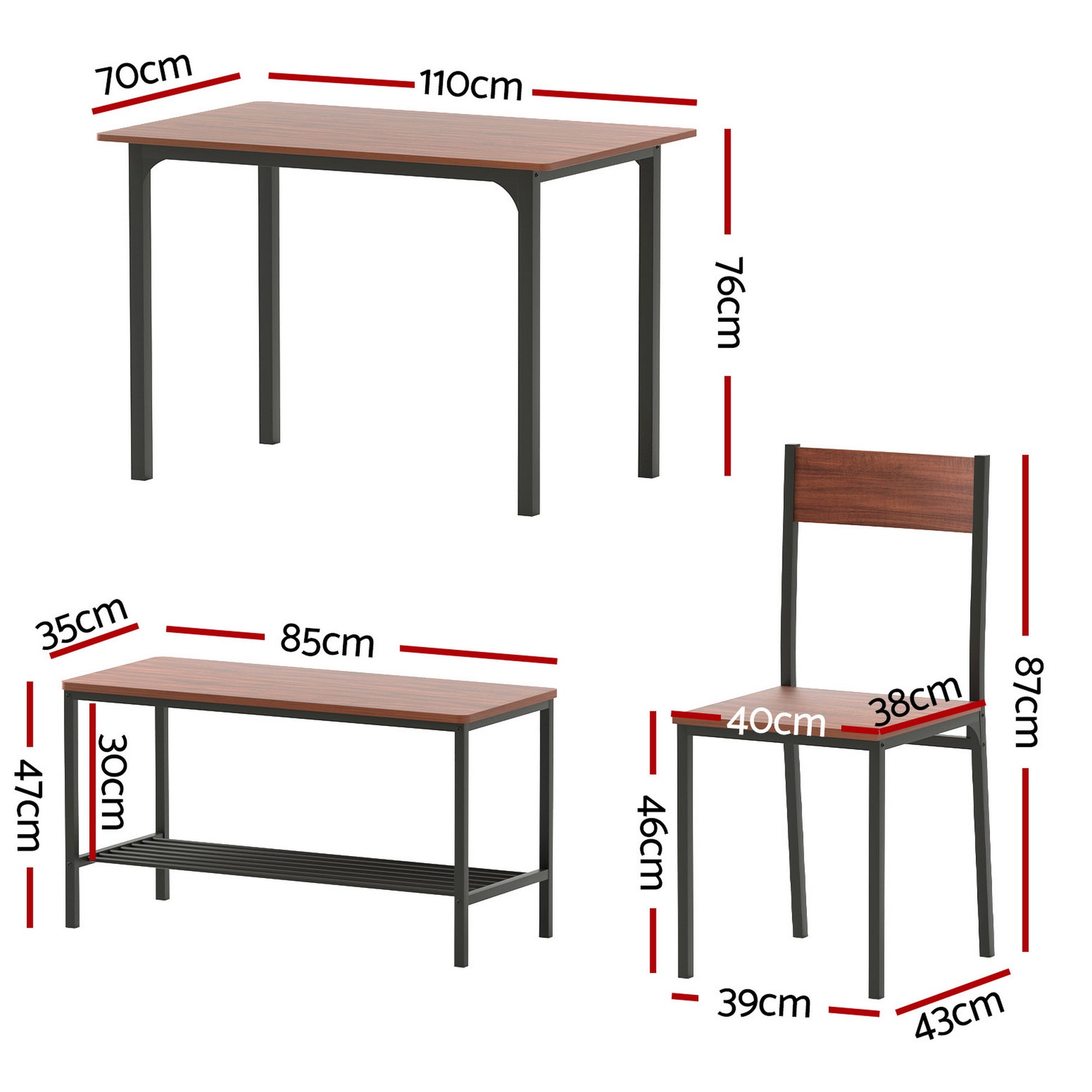 Artiss Dining Table and Chairs Set of 4 Storage Bench Kitchen Furniture Walnut - Image 2