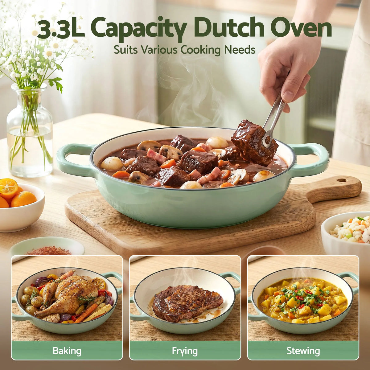 5-Star Chef 3.3L Enameled Cast Iron Dutch Oven Pot with Lid for Sourdough Bread Baking - Image 4