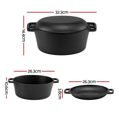 5-Star Chef 5L 2-In-1 Pre-Seasoned Cast Iron Dutch Oven Pot with Lid and Dual Handles for Sourdough Bread Baking - Image 2