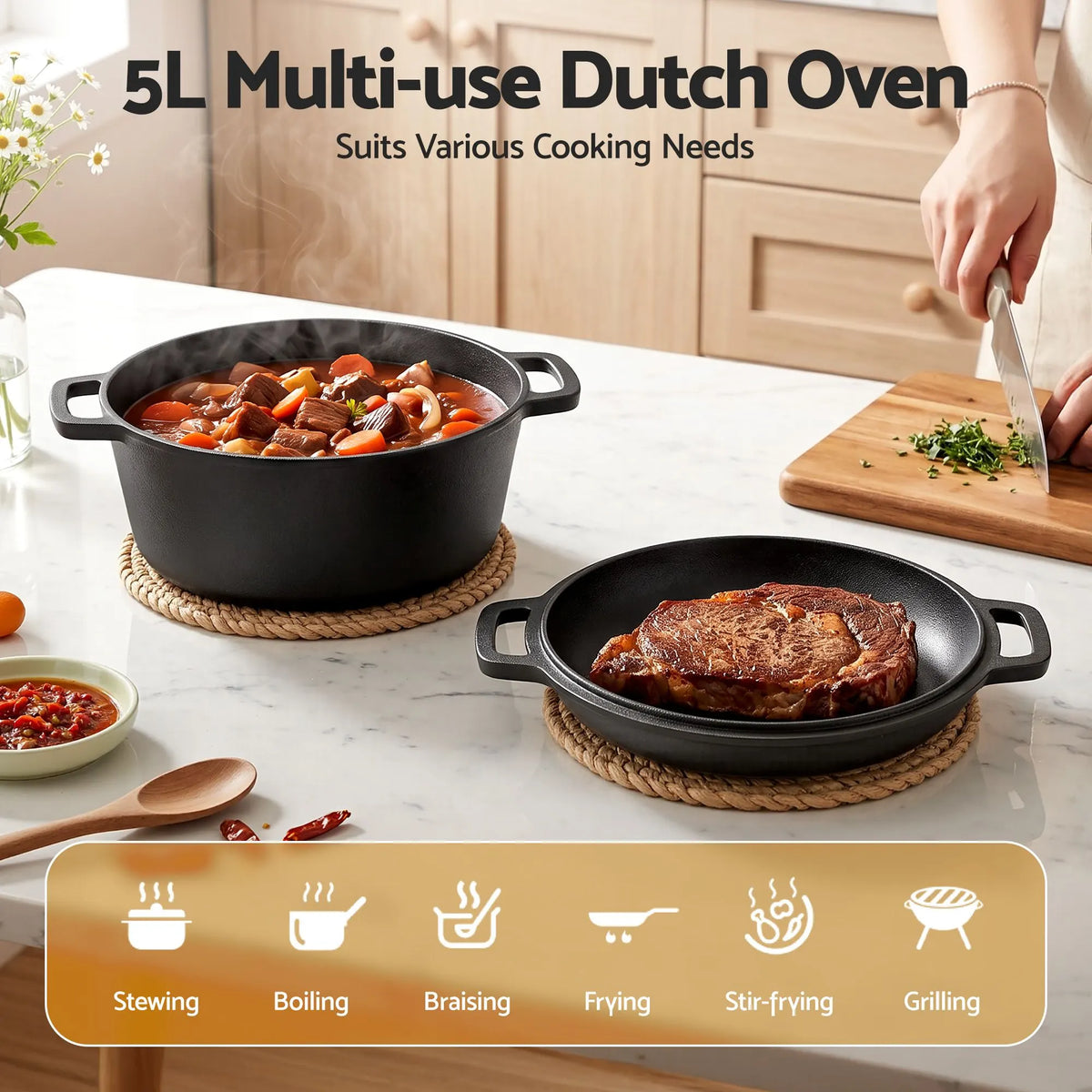 5-Star Chef 5L 2-In-1 Pre-Seasoned Cast Iron Dutch Oven Pot with Lid and Dual Handles for Sourdough Bread Baking - Image 4