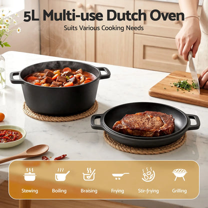 5-Star Chef 5L 2-In-1 Pre-Seasoned Cast Iron Dutch Oven Pot with Lid and Dual Handles for Sourdough Bread Baking - Image 4