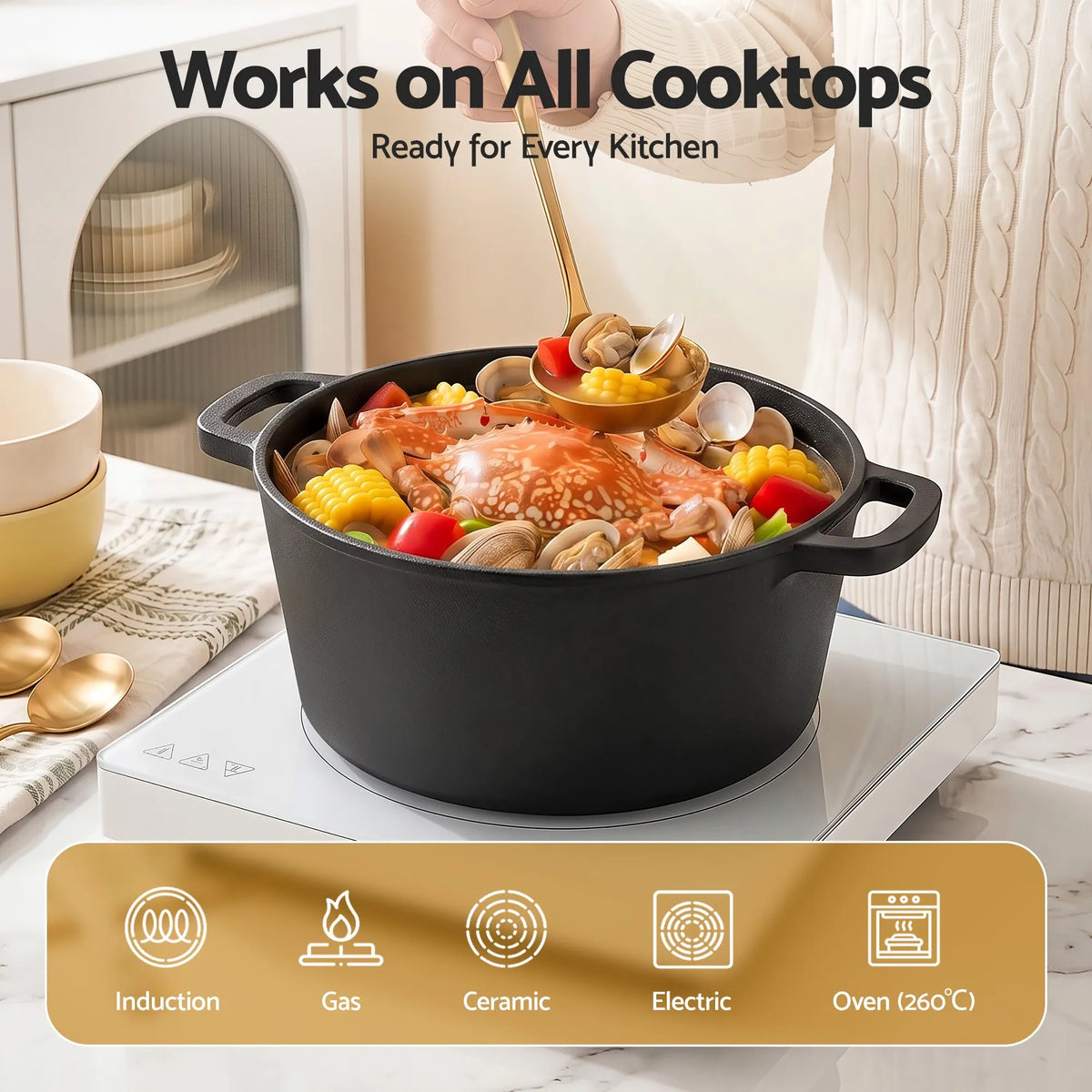 5-Star Chef 5L 2-In-1 Pre-Seasoned Cast Iron Dutch Oven Pot with Lid and Dual Handles for Sourdough Bread Baking - Image 5