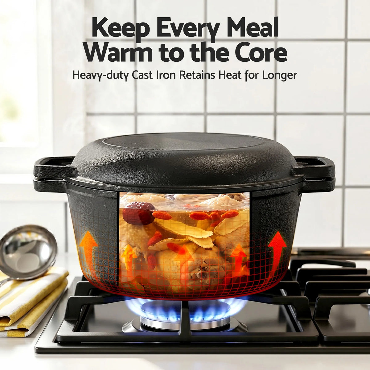 5-Star Chef 5L 2-In-1 Pre-Seasoned Cast Iron Dutch Oven Pot with Lid and Dual Handles for Sourdough Bread Baking - Image 6
