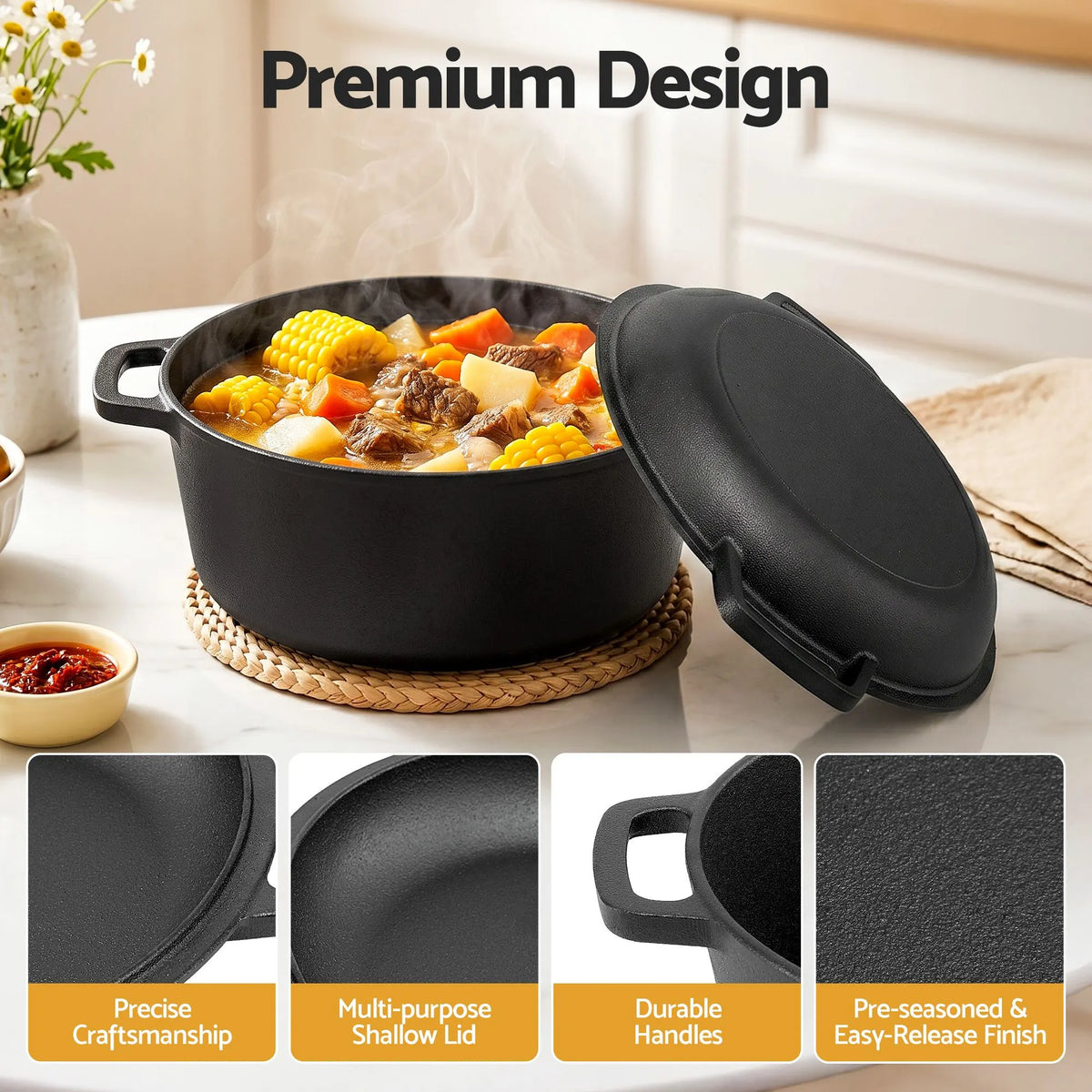 5-Star Chef 5L 2-In-1 Pre-Seasoned Cast Iron Dutch Oven Pot with Lid and Dual Handles for Sourdough Bread Baking - Image 7