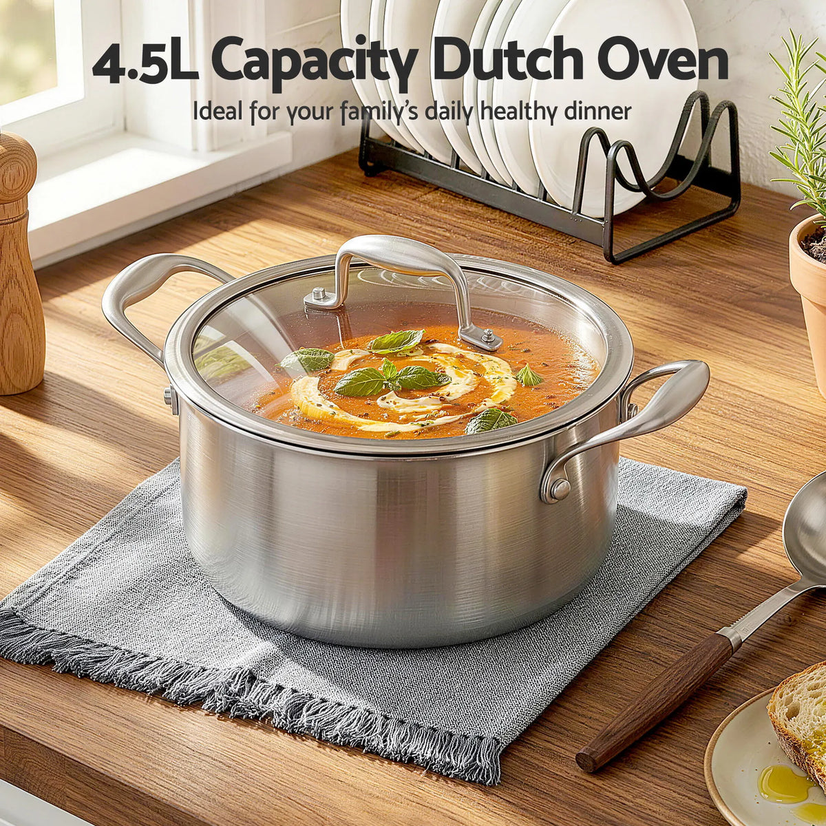 5-Star Chef 4.5L 24cm Stainless Steel Dutch Oven Pot with Lid and Stay-Cool Handle - Image 4
