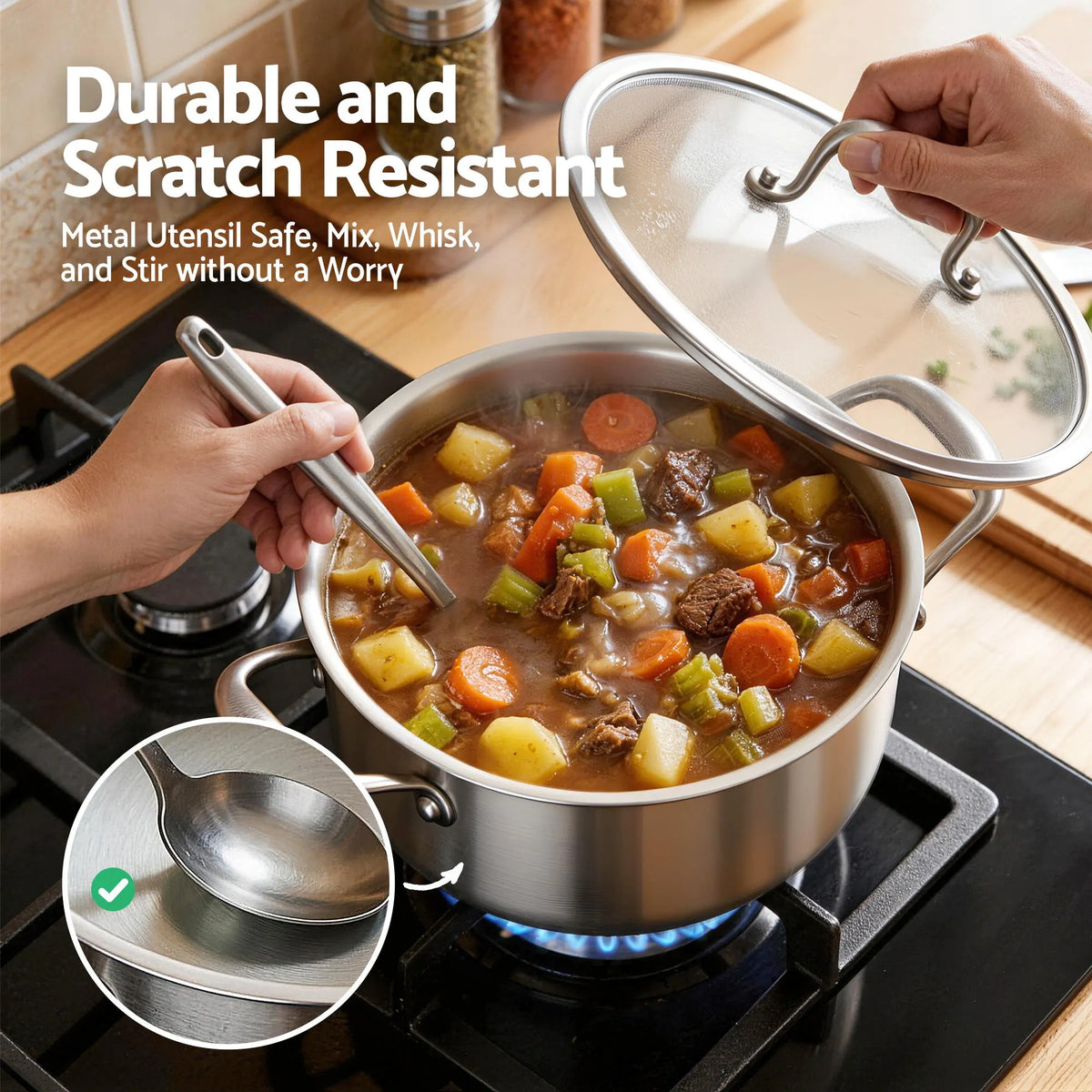 5-Star Chef 4.5L 24cm Stainless Steel Dutch Oven Pot with Lid and Stay-Cool Handle - Image 6
