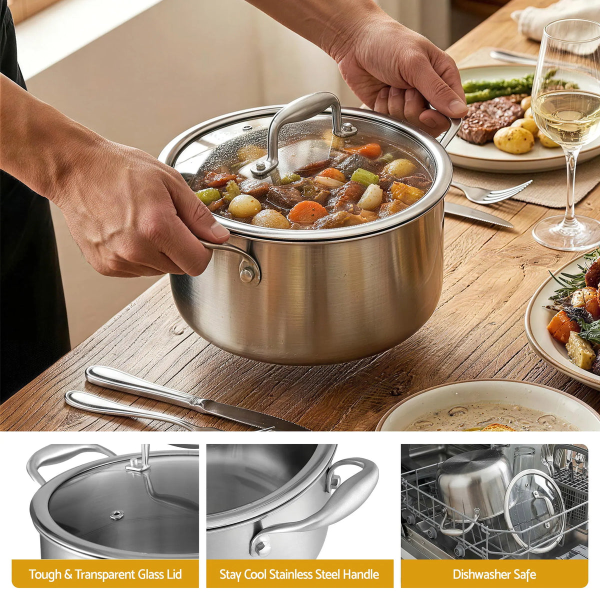 5-Star Chef 4.5L 24cm Stainless Steel Dutch Oven Pot with Lid and Stay-Cool Handle - Image 7