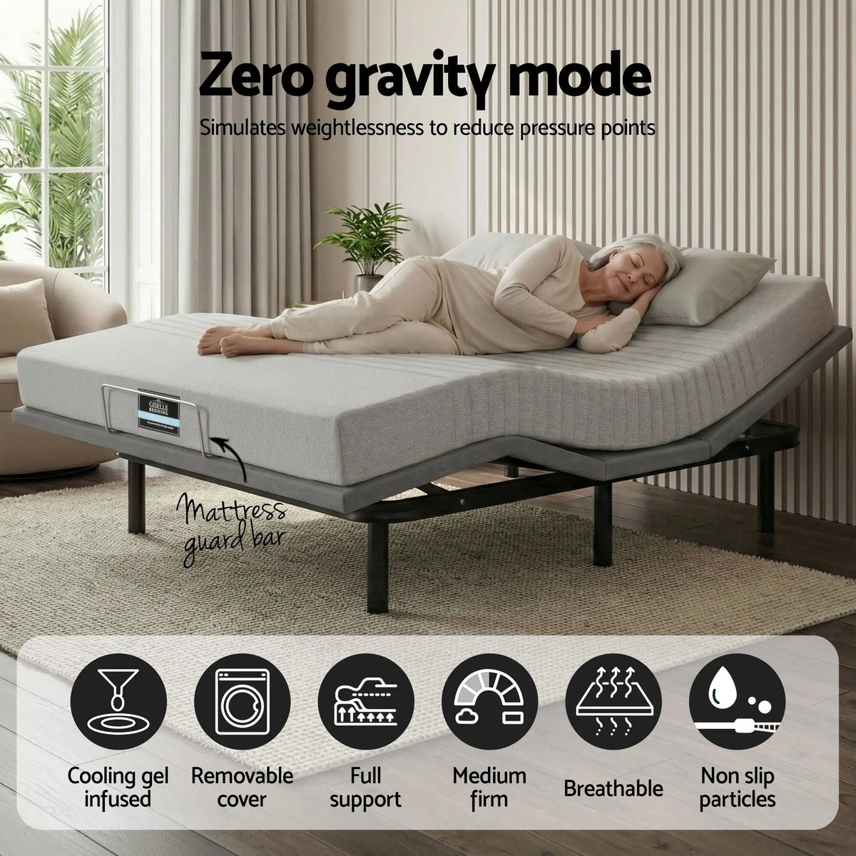 Artiss Double Bed Frame and Giselle Bedding Double Memory Foam Mattress Set, Electric Bed Base with Zero Gravity & 7 Zone Cooling Comfort for Back Pain Relief, Black & Grey,15cm Thickness - Image 6