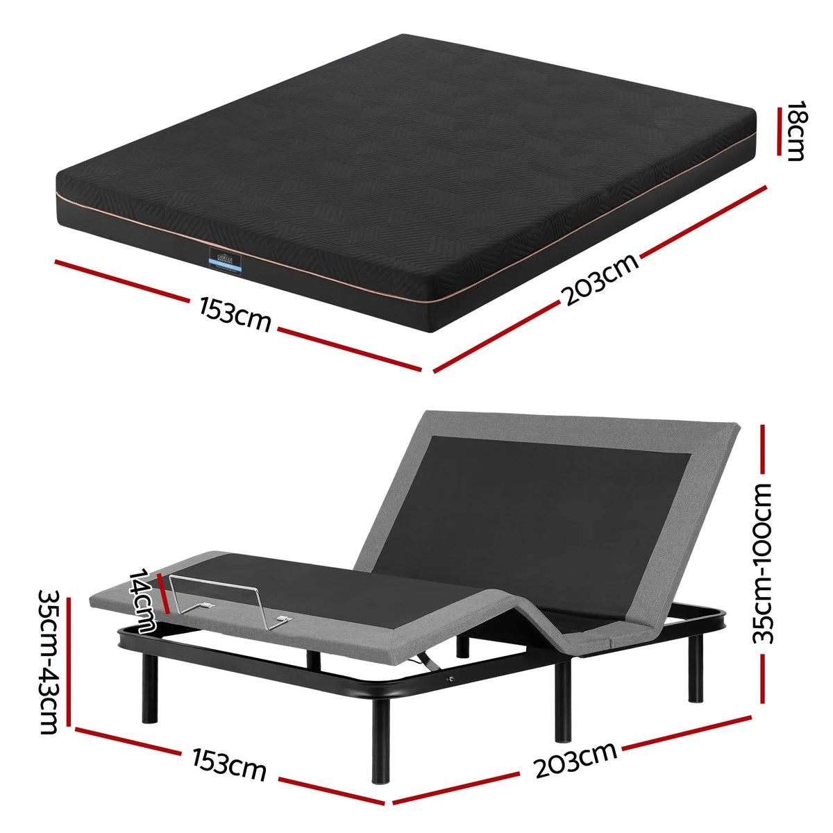 Artiss Queen size bed frame with Giselle Bedding Queen Mattress, adjustable bed Base Combo for Snoring Relief, Independent Head Foot Incline, Wireless Remote, Black,18cm Thickness - Image 3