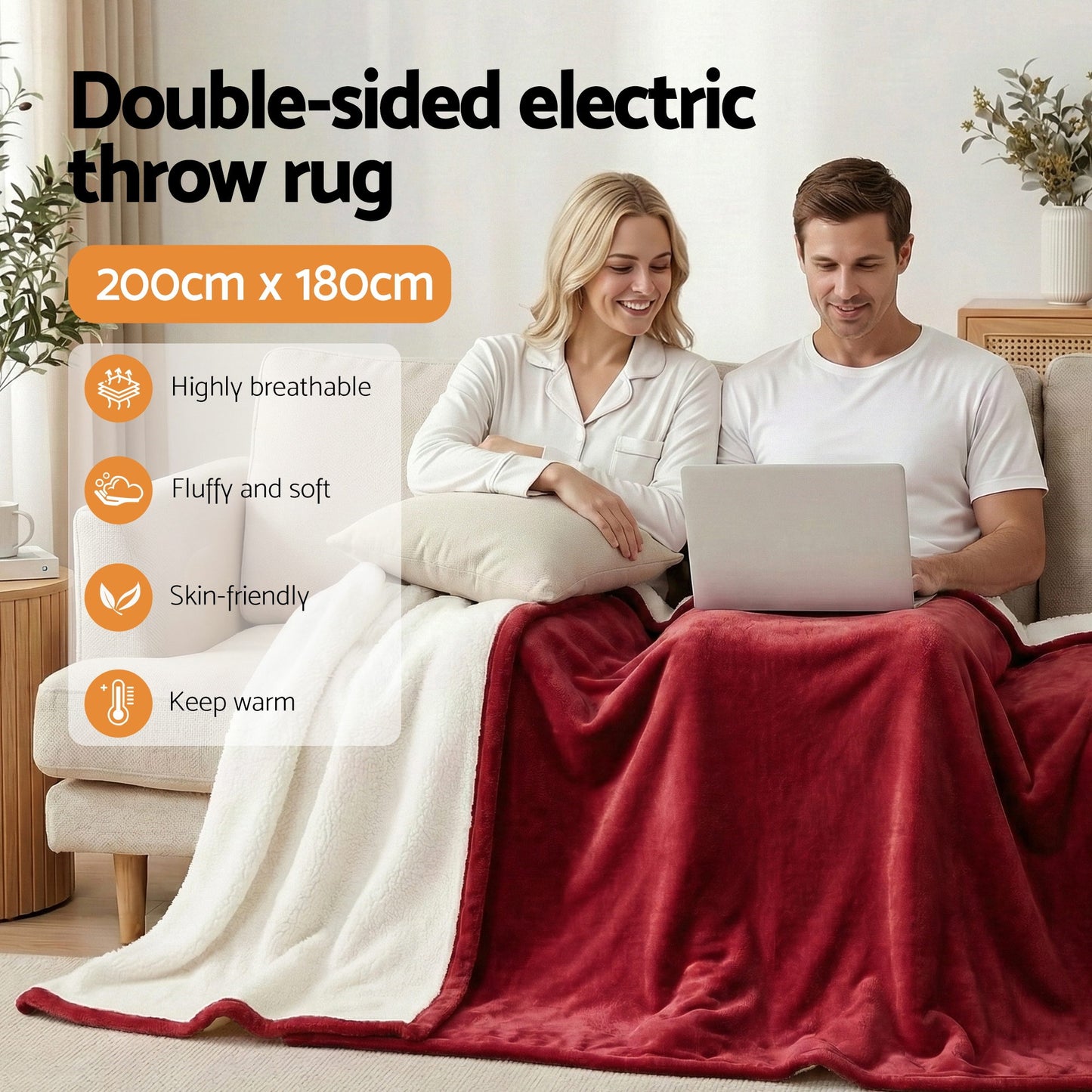 Giselle Electric Throw Rug Double Size 200x180cm Fleece Flannel Heated Blanket Burgundy - Image 5