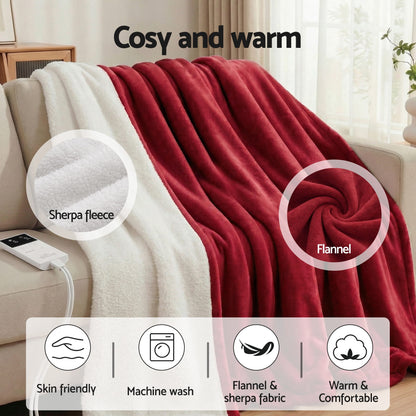 Giselle Electric Throw Rug Double Size 200x180cm Fleece Flannel Heated Blanket Burgundy - Image 9