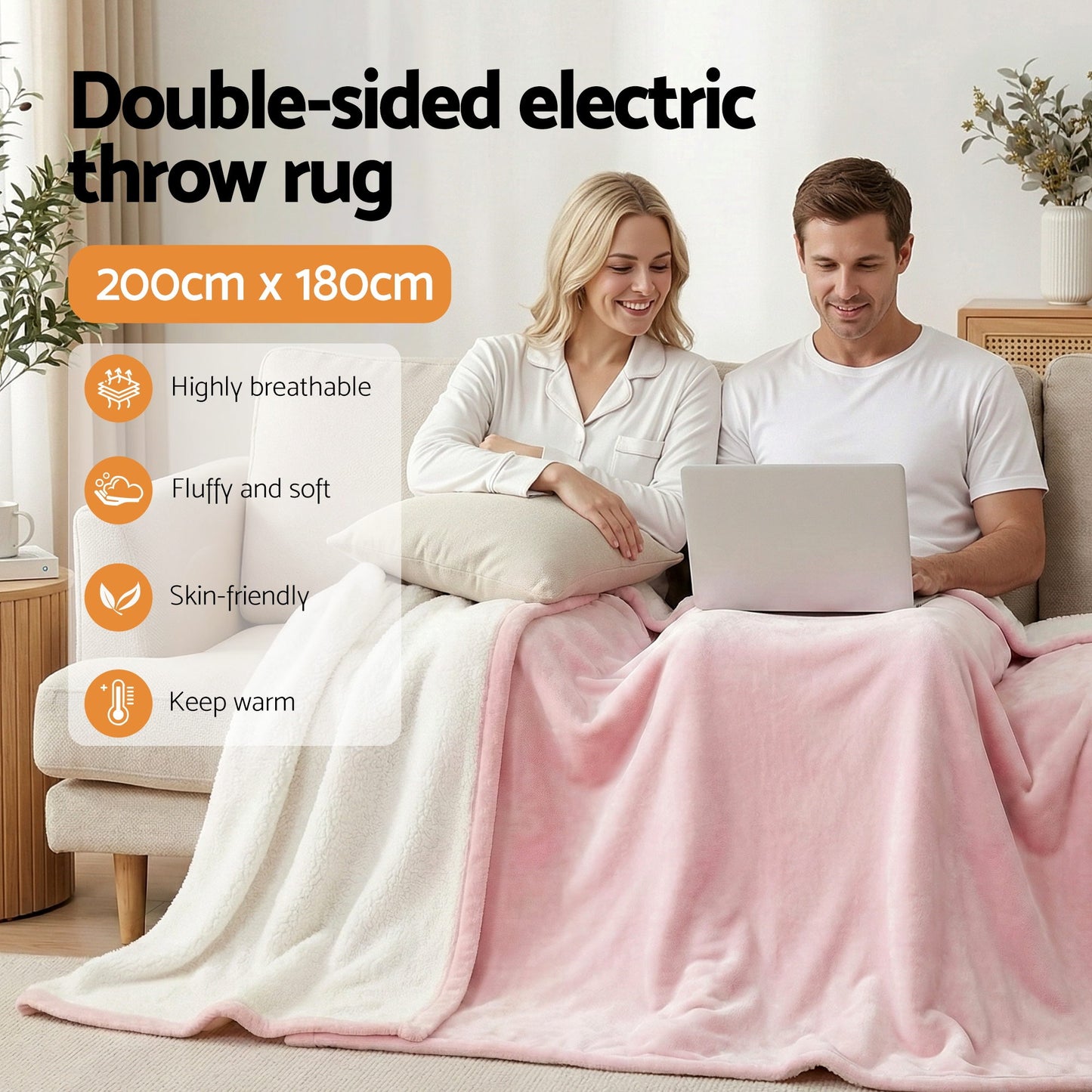 Giselle Electric Throw Rug Double Size 200x180cm Fleece Flannel Heated Blanket Pink - Image 5