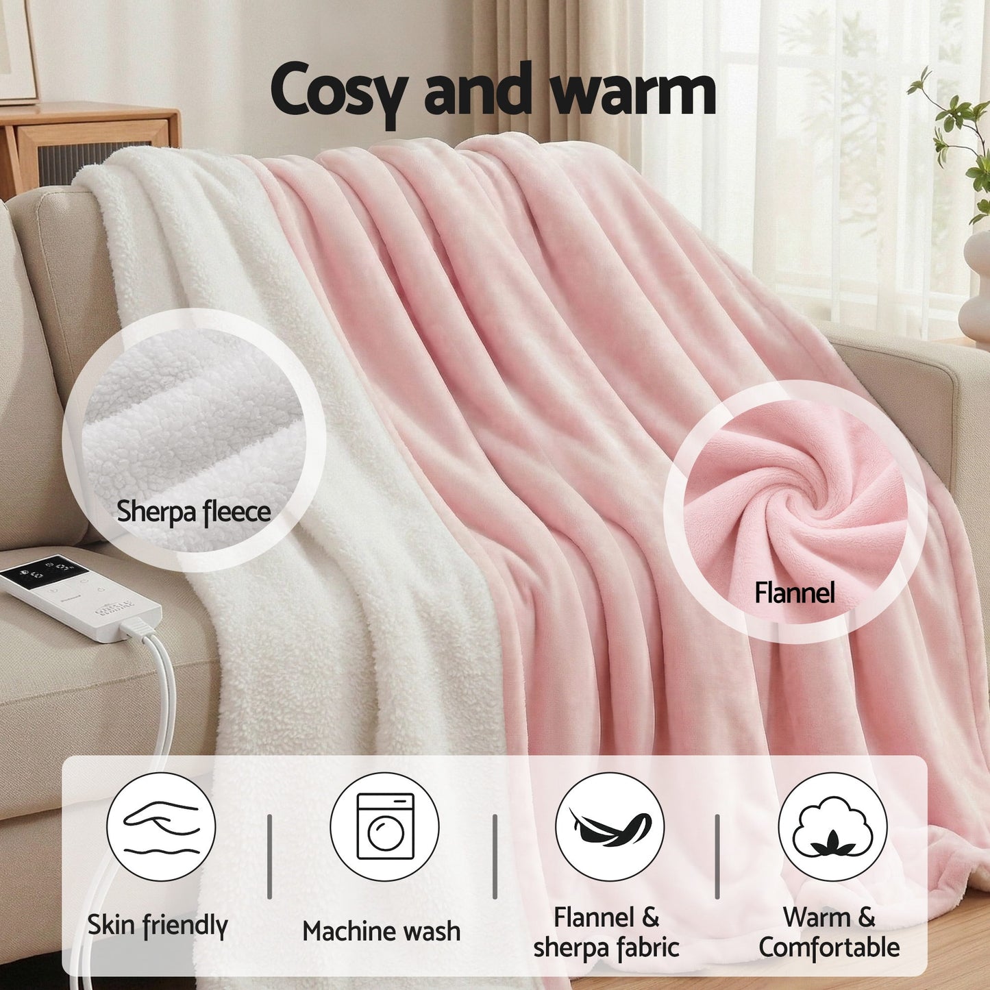 Giselle Electric Throw Rug Double Size 200x180cm Fleece Flannel Heated Blanket Pink - Image 9