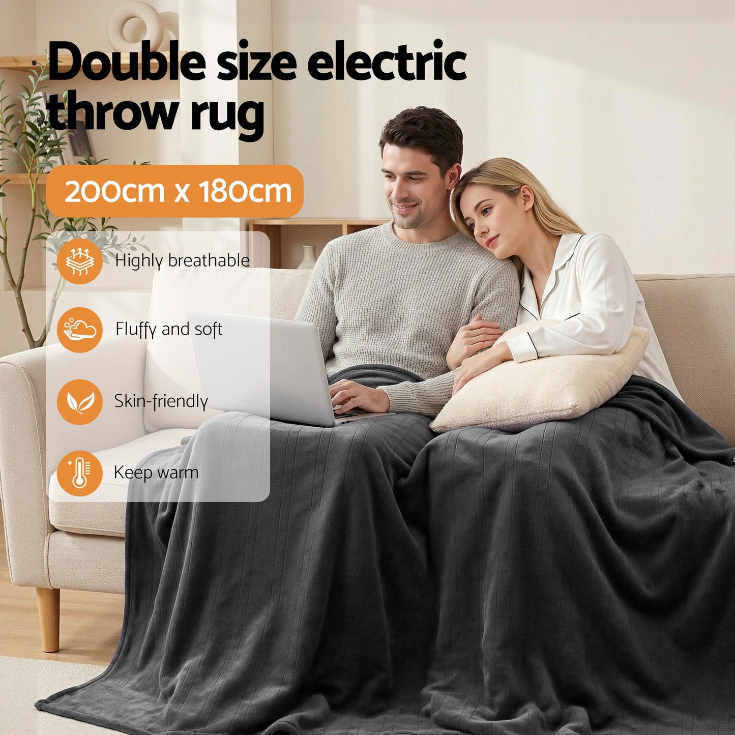 Giselle Electric Throw Rug Double Size 200x180cm Coral Fleece Heated Blanket Grey - Image 5
