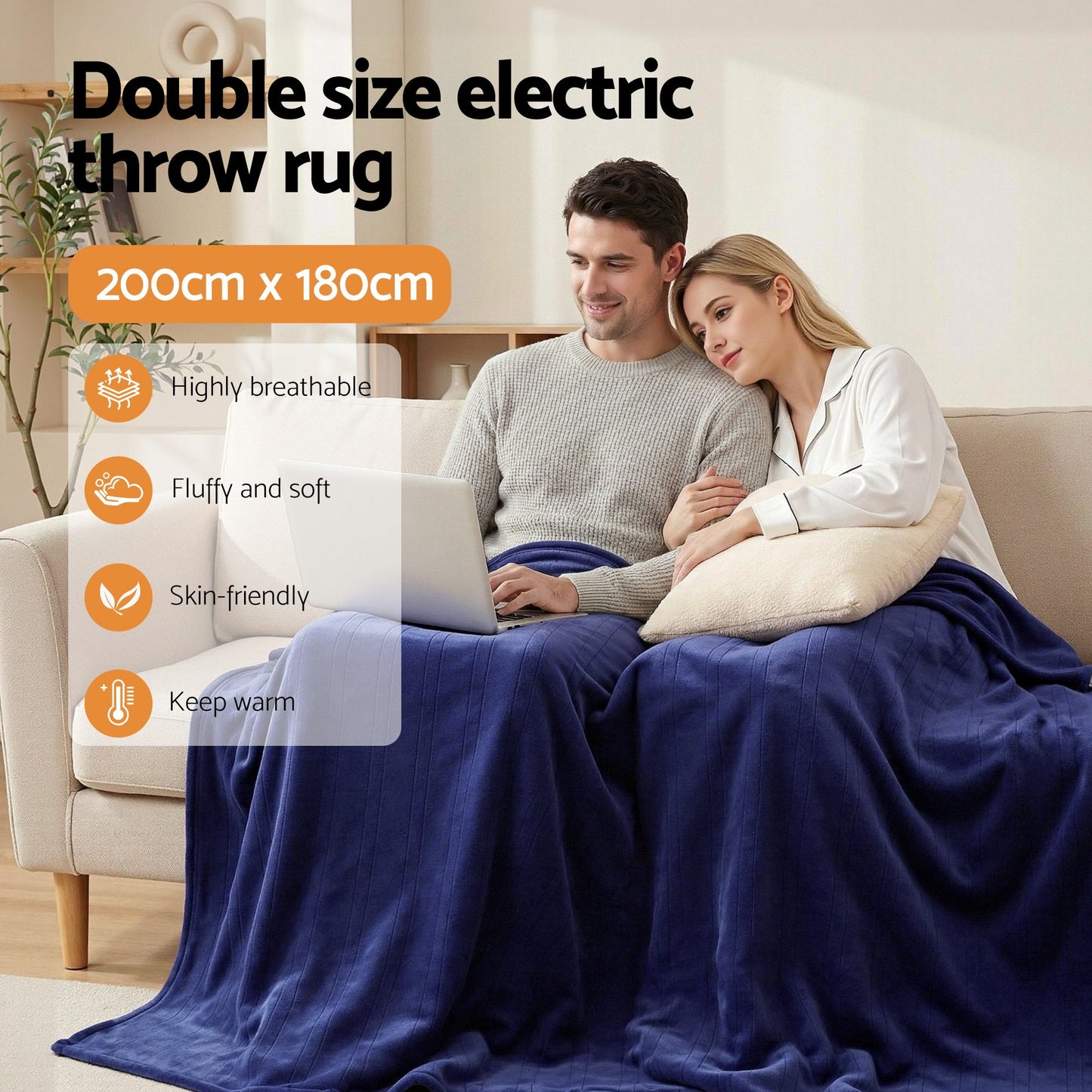 Giselle Electric Throw Rug Double Size 200x180cm Coral Fleece Heated Blanket Navy Blue - Image 5
