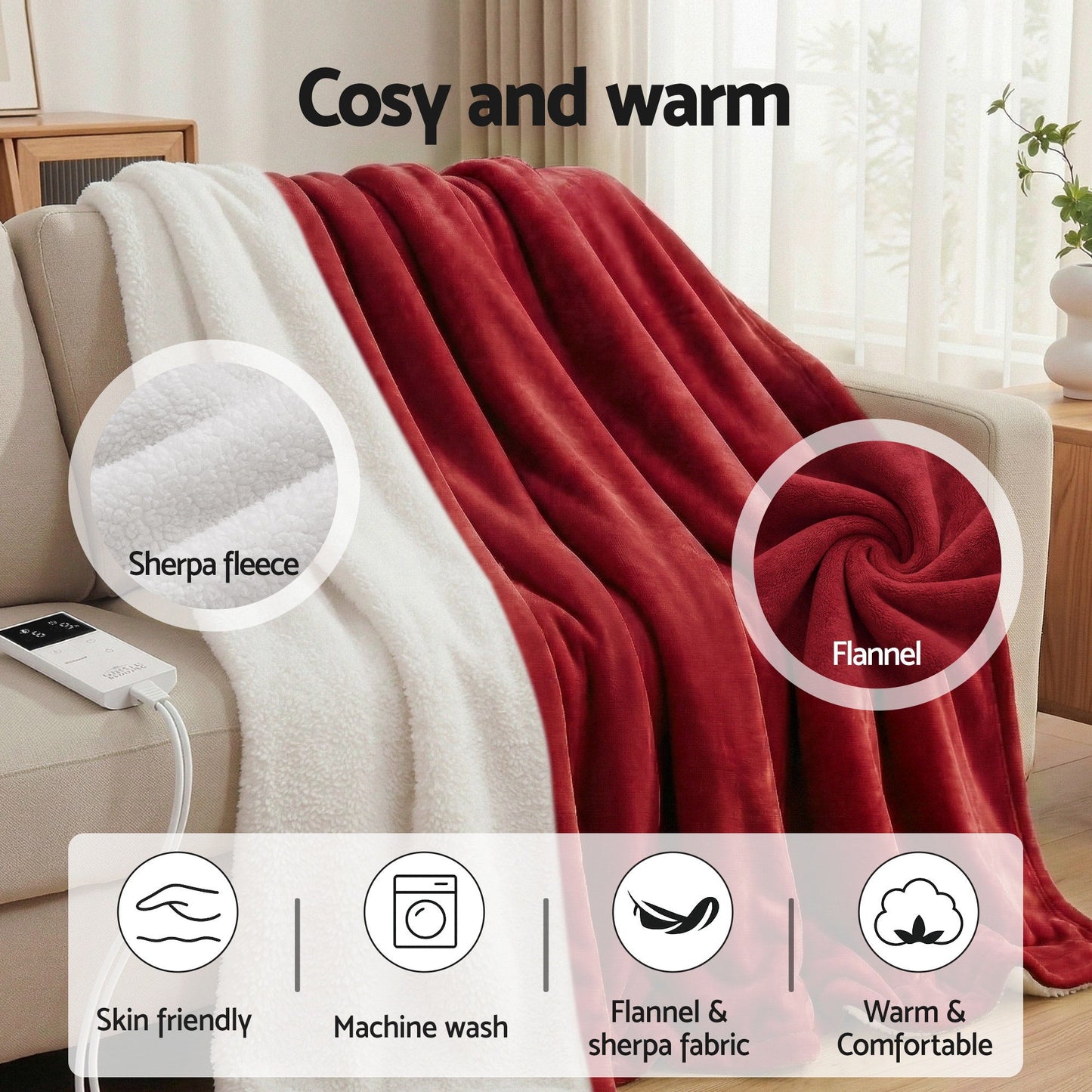 Giselle Electric Throw Rug Dual Side Fleece Flannel Heated Blanket Burgundy - Image 9