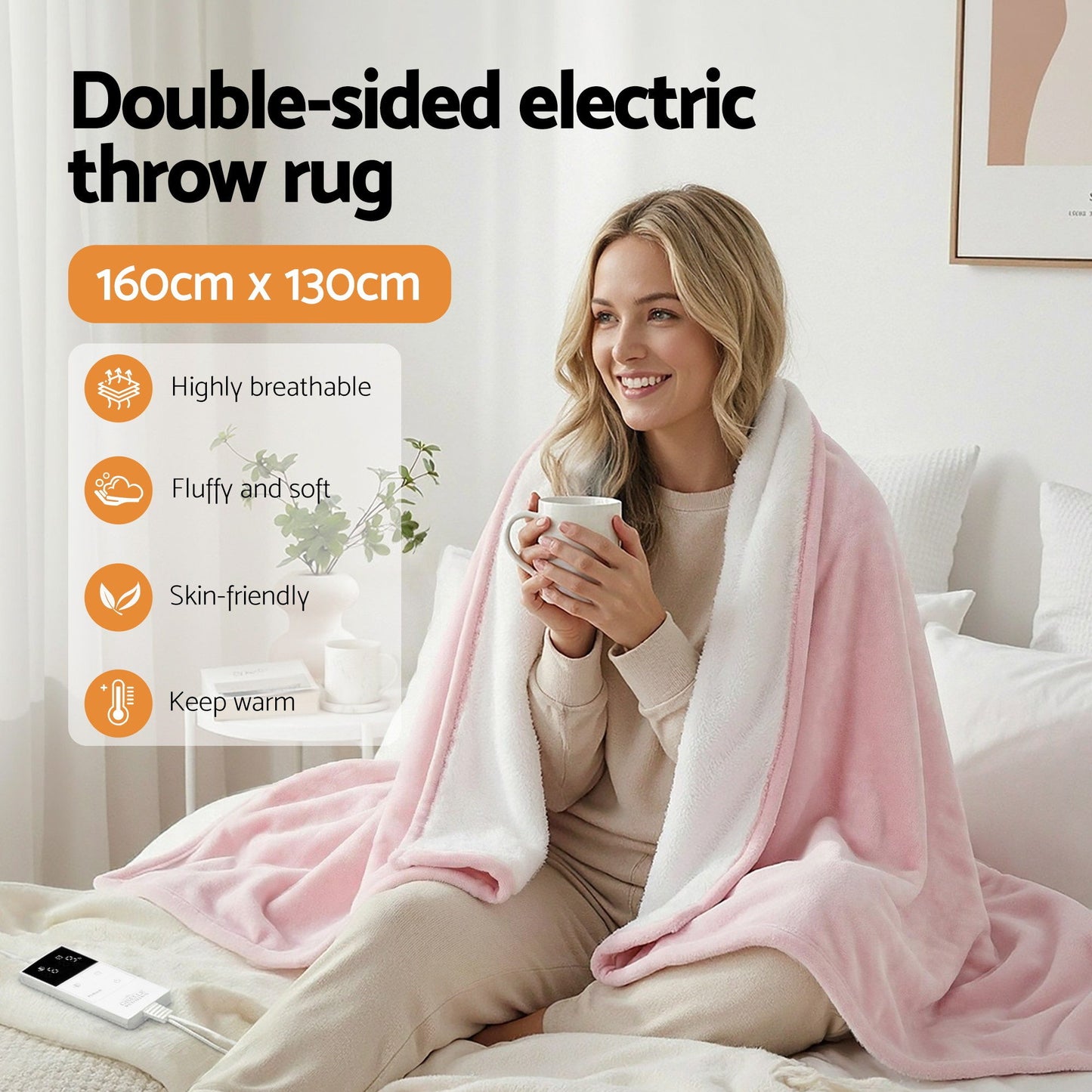 Giselle Electric Throw Rug Dual Side Fleece Flannel Heated Blanket Pink - Image 5
