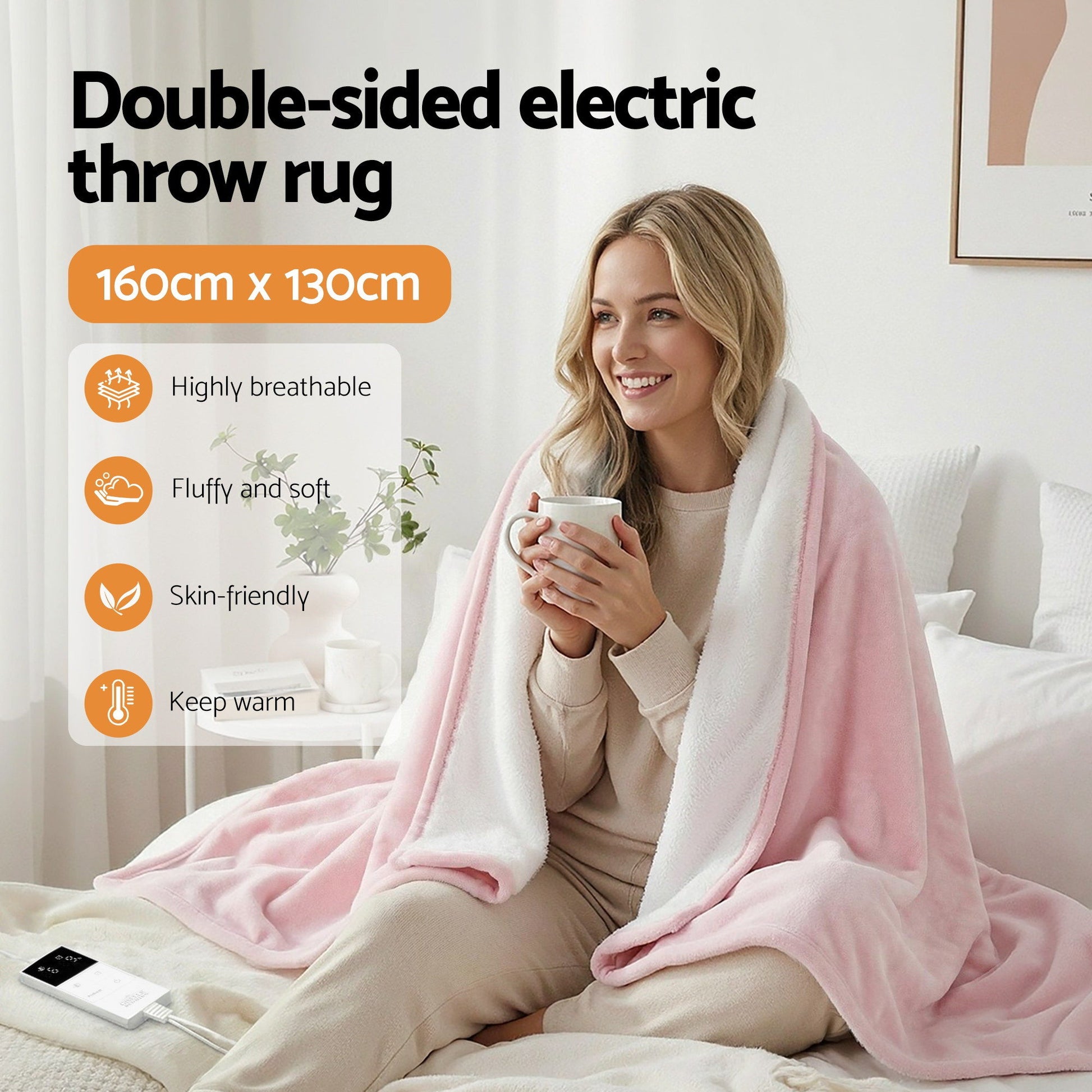 Giselle Electric Throw Rug Dual Side Fleece Flannel Heated Blanket Pink - Image 5