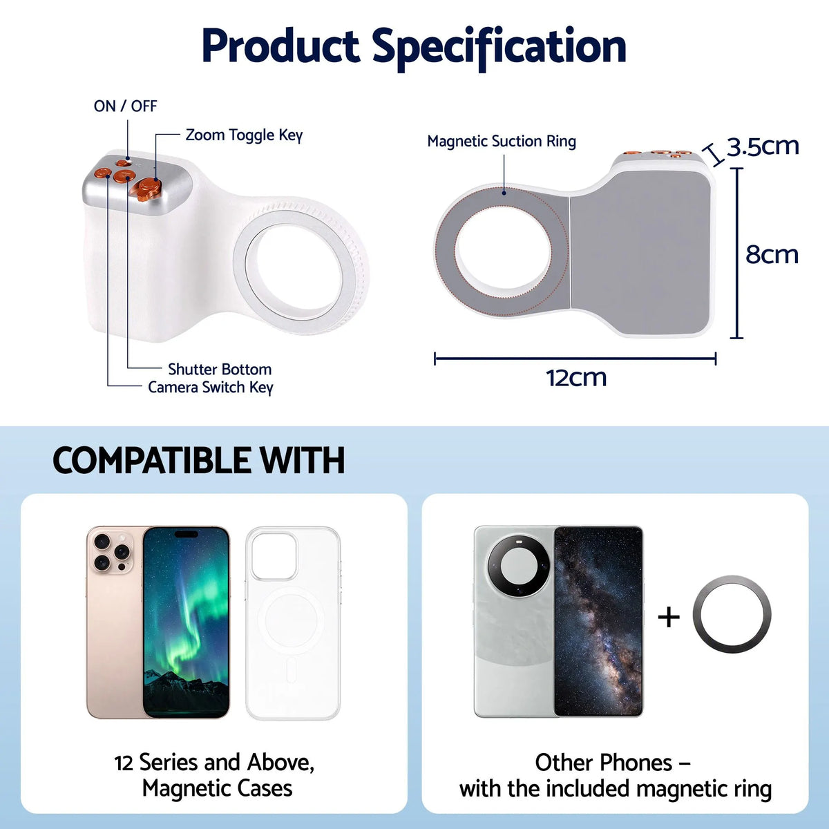 Devanti Magnetic Phone Camera Grip Ergonomic Hanlder Detachable Bluetooth Remote - Image 3